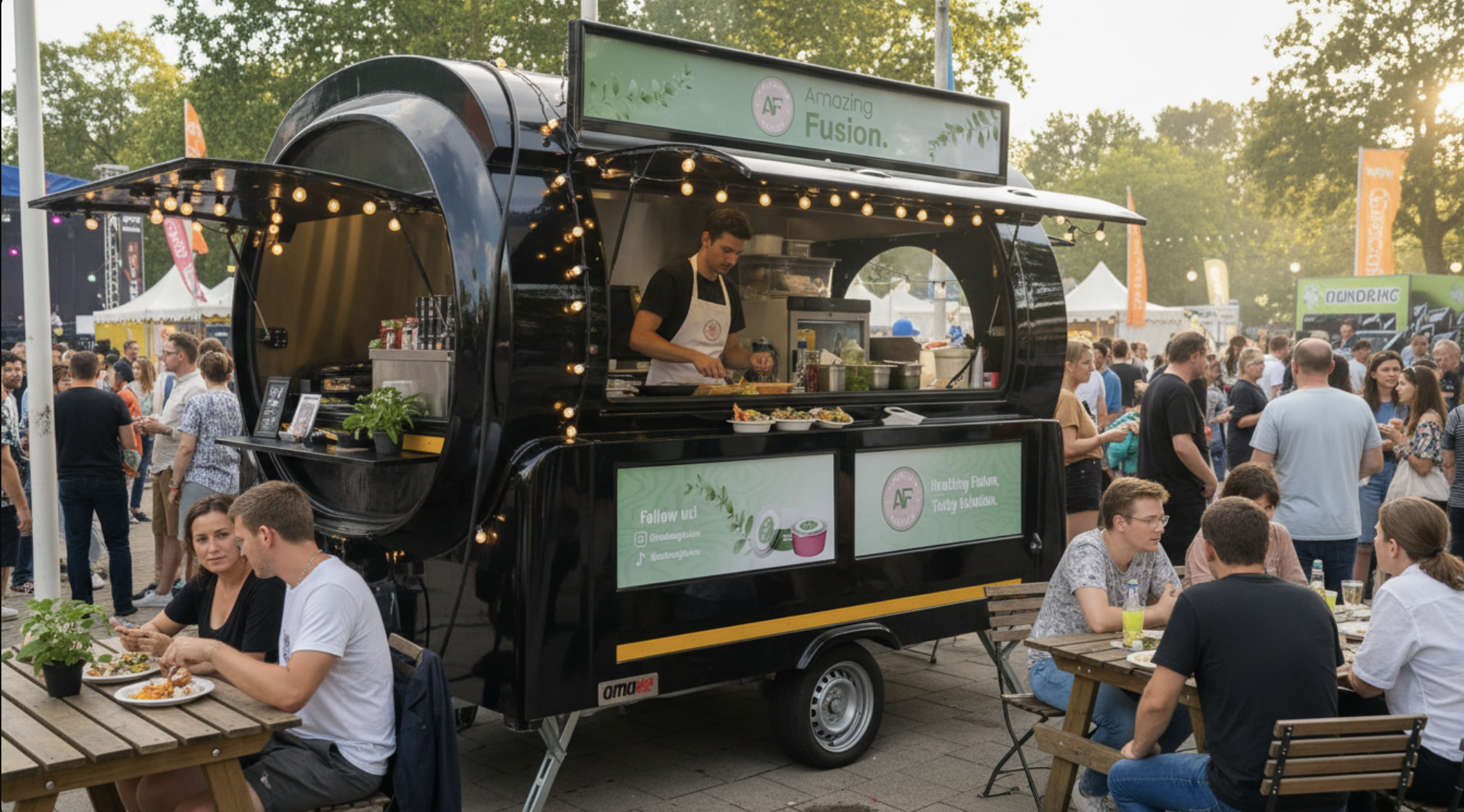 Amazing Fusion foodtruck op een zonnig festival, met gasten die genieten van vers bereide gerechten.